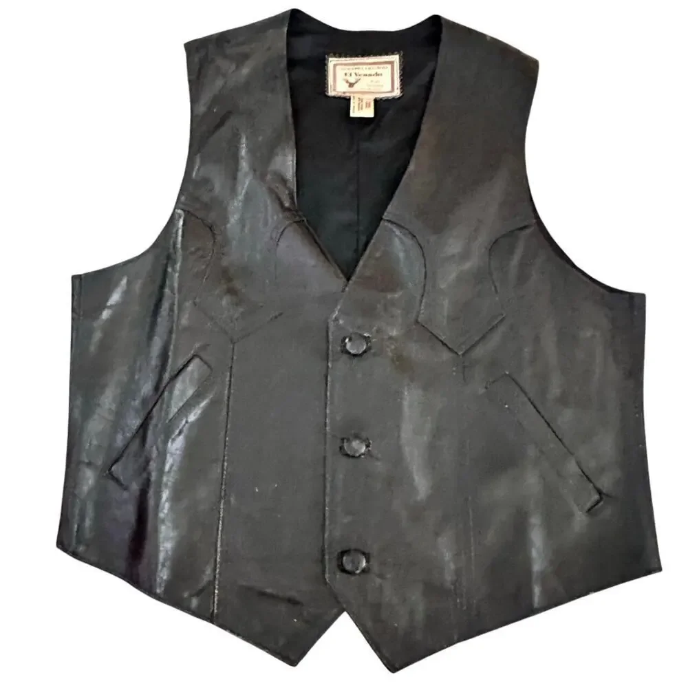 Vintage El Venado Men's Black Genuine Leather Button Up Western Vest Size 44